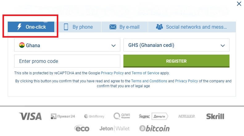 1xBet Ghana registration