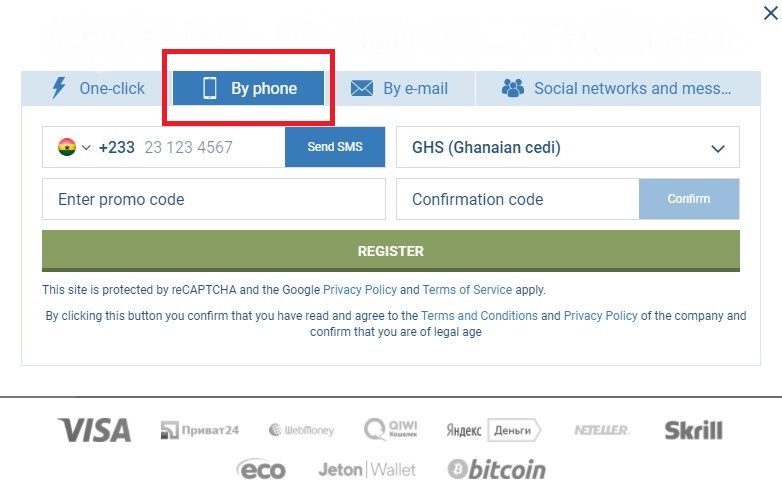 1xBet login Ghana by phone number