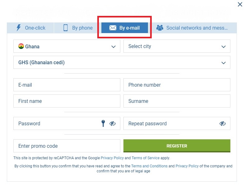 Register 1xBet e-mail